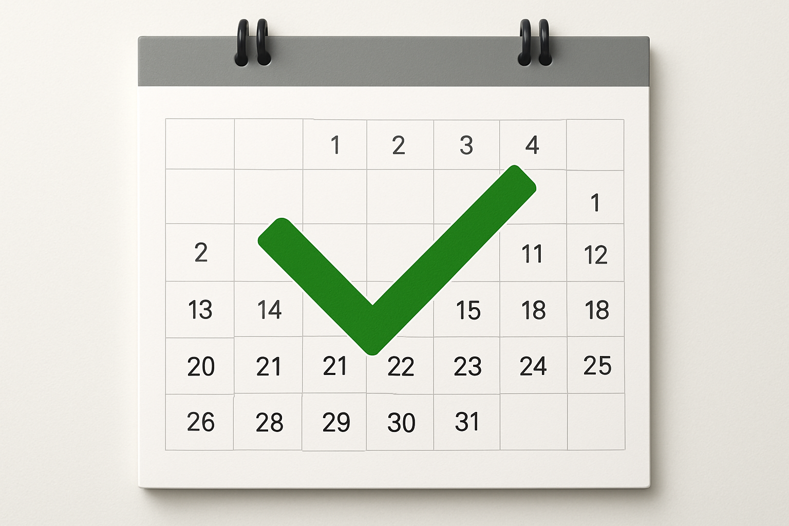 das ein Kalenderblatt zeigt, auf dem ein großes, grünes Häkchen zu sehen ist.