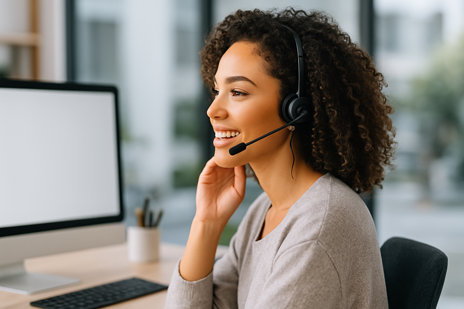 Eine etwas jünger Frau mit locken und hübsch natürlich geschminkt 